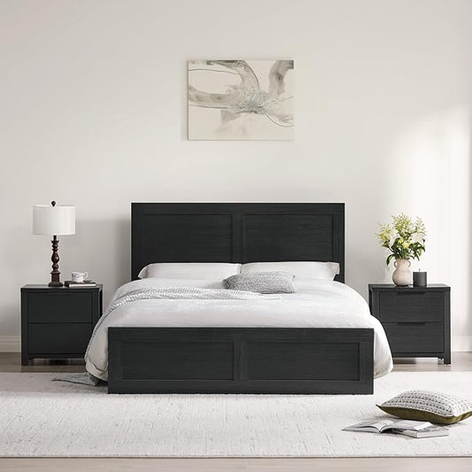 KISLOT 3 Pieces Bedroom Set, Wood Bed Frame with Upholstered Headboard & 2 Nightstands with Storage, Wooden Platform Mattress Foundation Farmhouse Bedroom Furniture Set