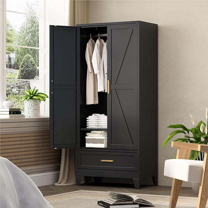 COFaR 71 Farmhouse Metal Wardrobe Closet with Hanging Rod, 2 Barn Doors, Adjustable Shelves, Steel Armoire with Drawer for Home, Bedroom Black