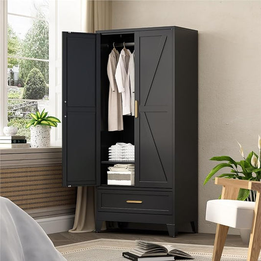 COFaR 71 Farmhouse Metal Wardrobe Closet with Hanging Rod, 2 Barn Doors, Adjustable Shelves, Steel Armoire with Drawer for Home, Bedroom Black