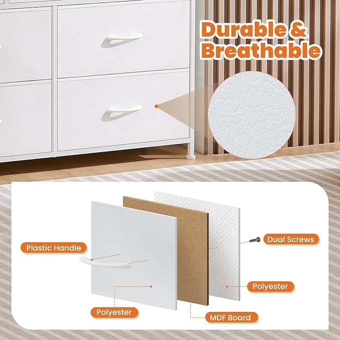 Sweetcrispy 7 Drawer Dresser Storage Organizer with Fabric Bins, Sturdy Steel Frame and Wood Top, Easy Pull Handles, for Bedroom Closet Hallway Entryway,White - Image 5