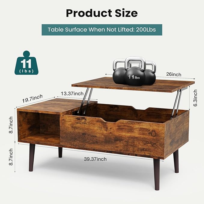 NEWBULIG Lift Top Coffee Table with Storage, Wooden Coffee Table for Living Room, Hidden Compartment & Open Shelf, Small Space Center Table, Rustic Brown