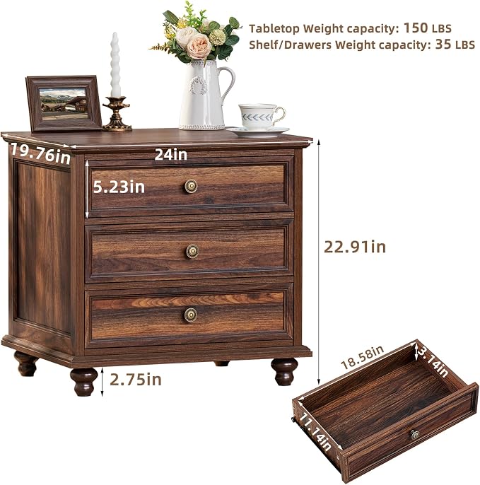 Joaxswe 24" Wide Farmhouse Night Stand,Large End Table with 3 Drawers & Metal Handle,Dresser for Bedroom, Wood Bed Side Table Chest of Drawers Cabinet, Retro Brown Nightstand for Living Room,Closet - Image 2