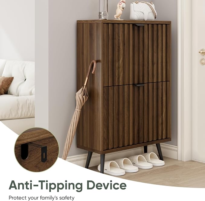 Smuxee Shoe Cabinet with 2 Flip Drawers, 23.6" Walnut Hidden Shoe Storage Cabinet with Fluted Design, Freestanding Shoe Organizer Cabinet for Entryway, Hallway, Closet, Living Room - Image 6