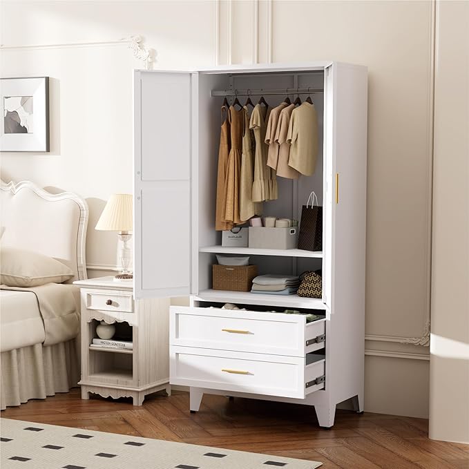 Metal Wardrobe Closet, Armoire Wardrobe with Two Drawers Clothes Cabinet for Bedroom, 71" Tall Farmhouse Steel Armoire Closet with Drawers and 2 Doors Clothing Storage Cabinet with Hanging Rod