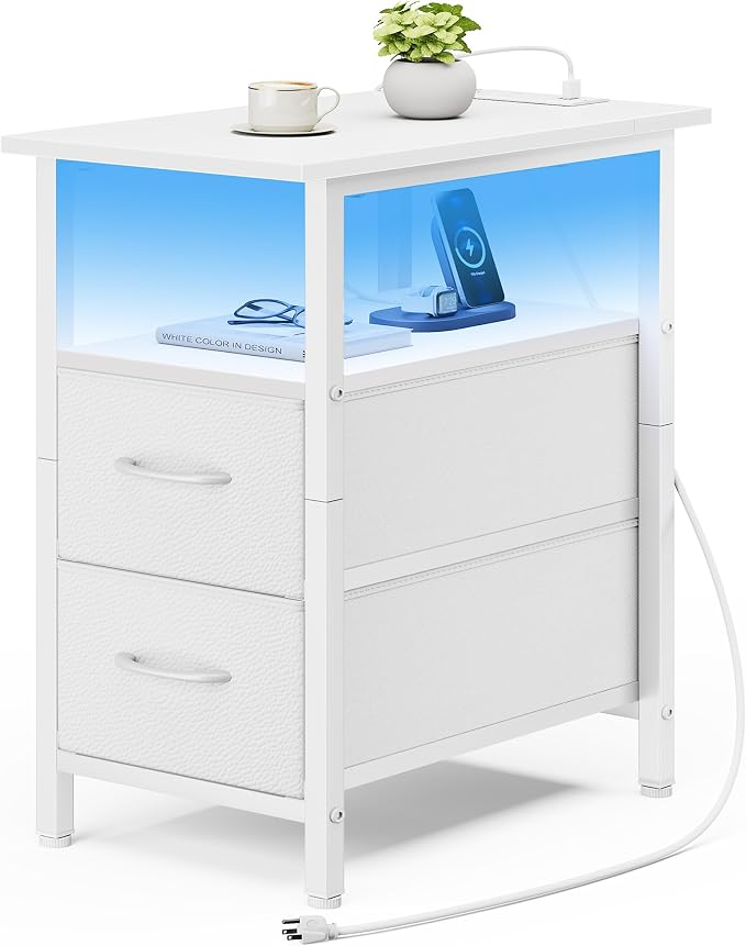 Vagusicc White Nightstand with Charging Station and LED Lights, Narrow Side Table, LED Night Stand with 2 Fabric Drawers, Bedside Table with USB Ports and Outlets, Tall Nightstand for Bedroom, White by Vagusicc