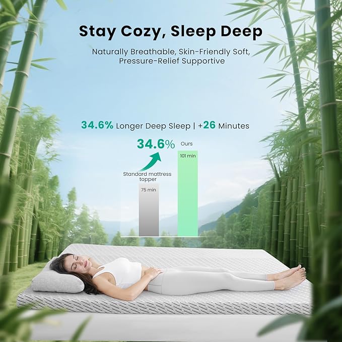 HOMRELEXA Bamboo Mattress Topper Twin Size 3 Inch, Cooling Gel & Bamboo Charcoal Memory Foam Mattress Topper for Back Pain Relief, Firm Dual-Layer Foam Bed Pad with Removable Cover College Dorm