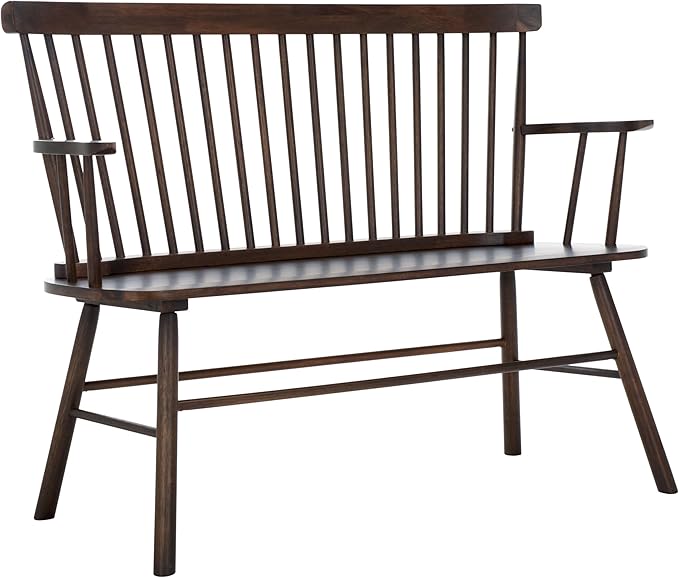 SAFAVIEH Home Collection Addison Farmhouse Dark Walnut Solid Wood Windsor Spindle Loveseat Bench