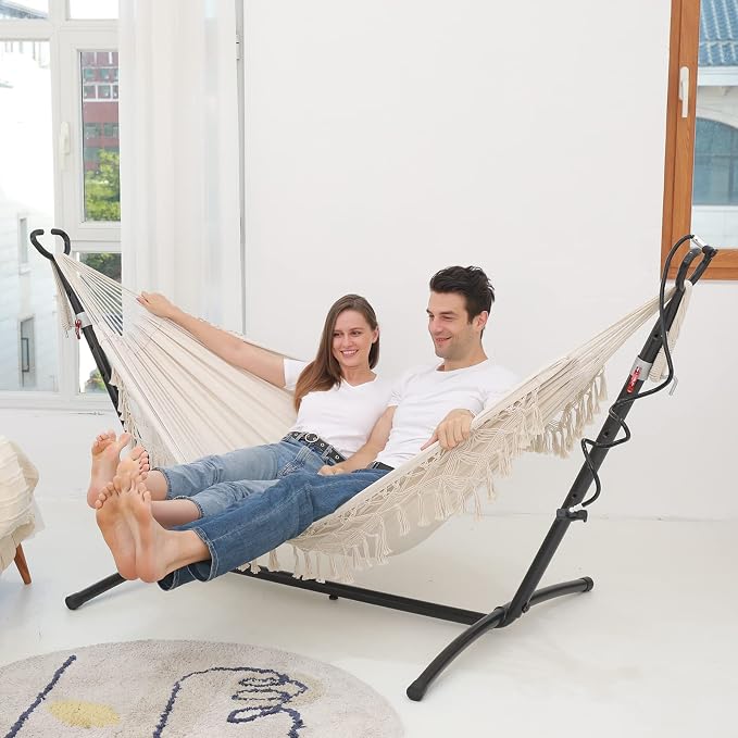 Hammock Hanging Swing Double Max 500lbs Macrame for Indoor Outdoor Patio Yard Garden (Beige) - Image 4