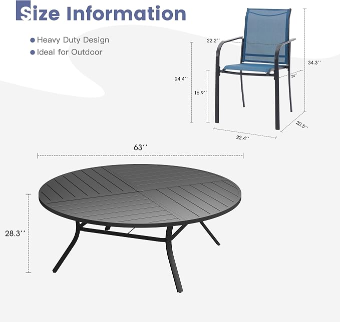 VICLLAX 11 Pieces Round Patio Dining Set, Patio Furniture Set of 10 Patio Stackable Dining Chairs and 63" Outdoor Spliced Tabletop with Umbrella Hole, Blue Chairs and Black Table - Image 7