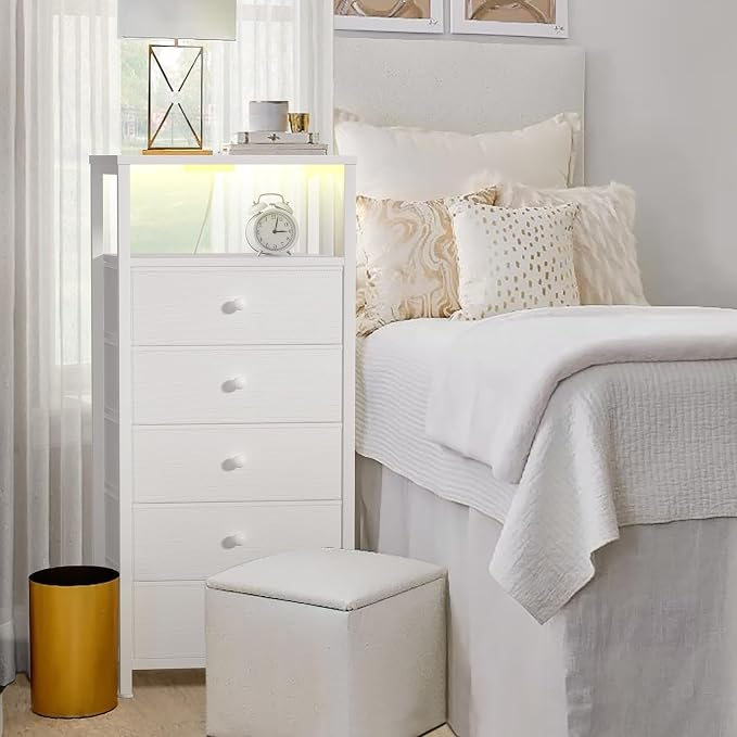 BOLUO White Dresser with 5 Drawers Tall Nightstand with Charging Station and LED Light, Bedside Table Room Storage Drawers Closet - Image 5