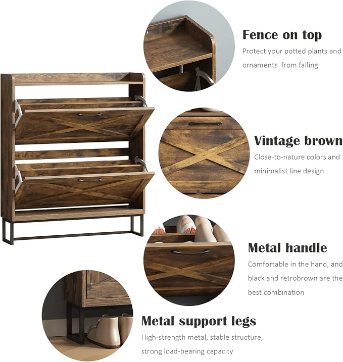 Maupvit Shoe Storage Cabinet with 2 Flip Drawers, Freestanding Shoe Organizer with Metal Legs for Entryway, Narrow Shoe Rack Cabinet, Rustic Brown - Image 4