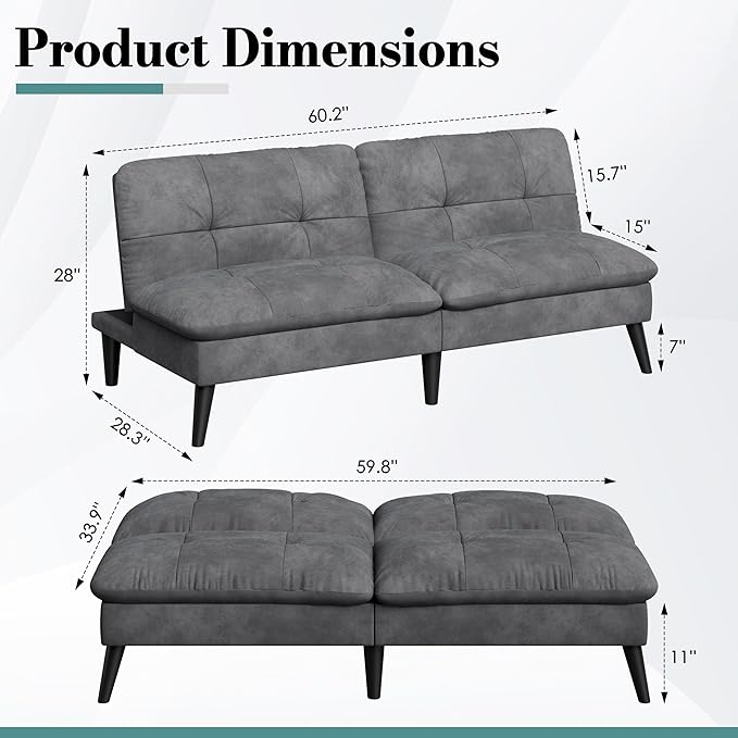 Shintenchi Convertible Futon Sofa Bed, Folding Velevt Set with Adjustable Backrest Recliner Lounge for Living Room, Apartment or Office, Solid Wood Frame, 3-Seater Sofa, Light Grey