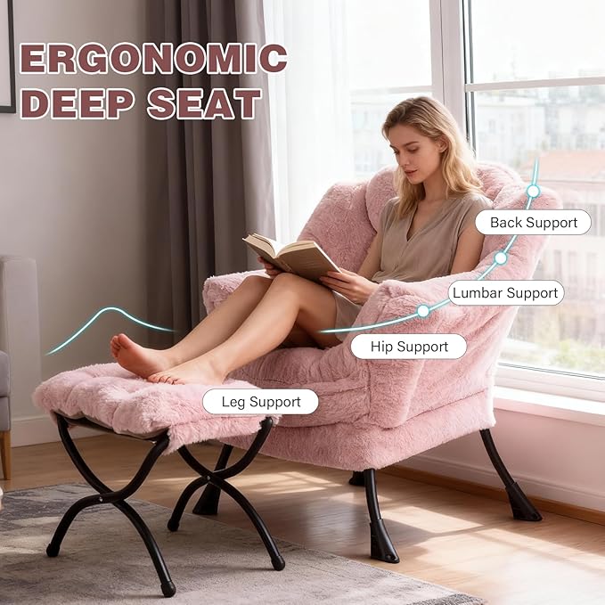Lazy Chair with Ottoman, Modern Accent Chair Lounge Leisure Sofa Chair with Armrests, Reading Chair and Folding Footstool for Living Room, Bedroom, Office, Plush Pink