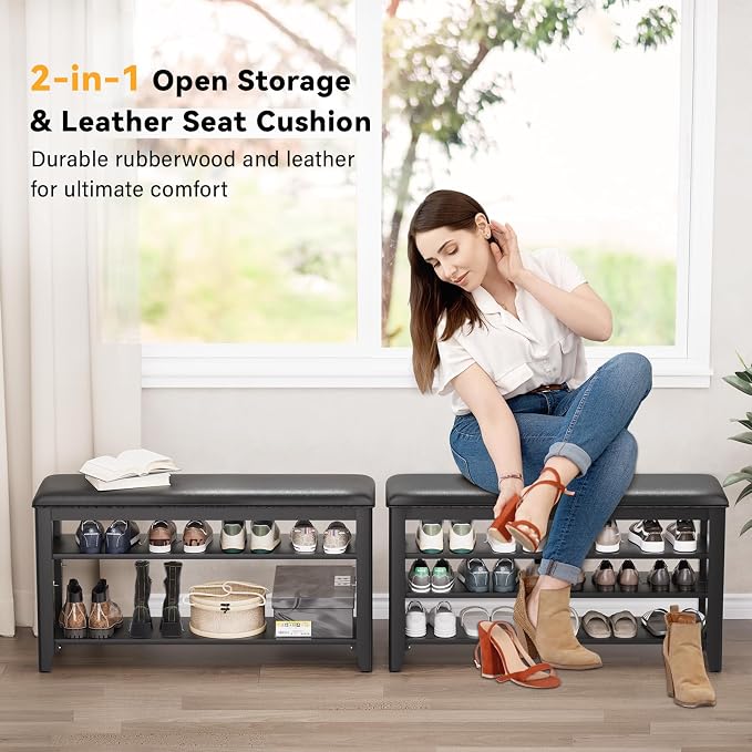 Entryway Shoe Storage Bench with Leather Cushion, Shoe Organizer Bench for Entryway, Ideal for Hallways Front Doors Entrances Mudrooms Featuring Rubberwood And 3 Height-Adjustable & Removable Shelve - Image 3