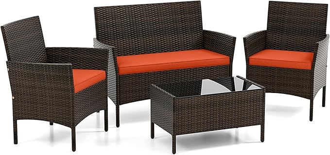 DORTALA Wicker Patio Furniture Set 4 Piece, Outdoor PE Rattan Table & Chairs Set with Tempered Glass Coffee Table, Loveseat, Cushions, Conversation Set for Balcony, Porch, Backyard, Deck, Orange