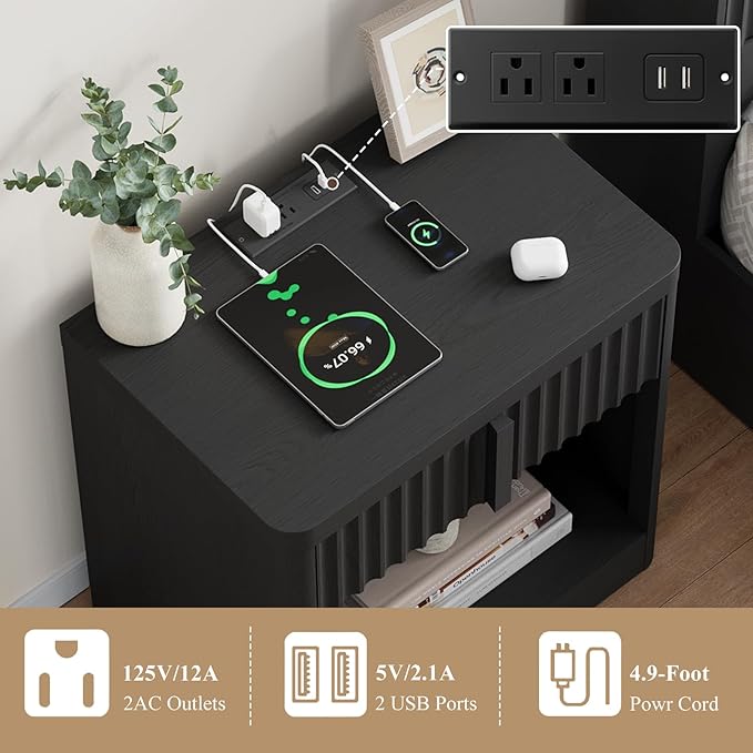 Fluted Dresser and Nightstand 3-Piece Bedroom Set, 47" Wide 6-Drawer Dresser and 2 of Nightstands with Charging Station, Curved Profile Design, Modern Bedroom Dressers Sets, Black