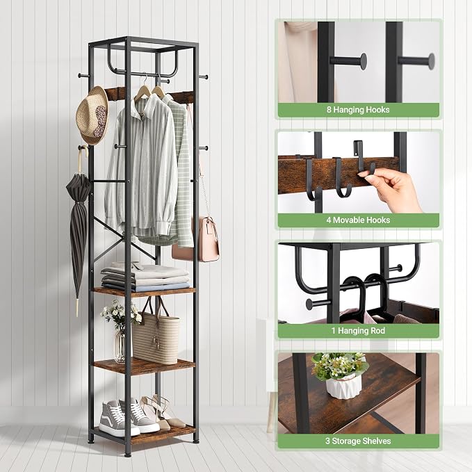 ELYKEN Coat Rack Freestanding, Hall Tree with 3 Storage Shelves and 12 Hooks, Industrial Clothes Rack Stand Organizer for Bedroom, Hallway, Entryway, Office, Living Room, Rustic Brown - Image 7