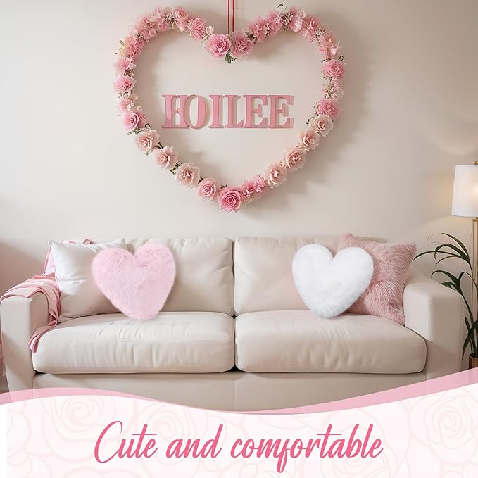 Marsui 2 Pcs Heart Throw Pillows, Soft Fluffy Faux Fur Decorative Hearts Shaped Pillows for Living Room Sofa Bed, Cute Heart Themed Gift for Women(Shrimp Pink, White,11.81 x 11.02 Inch)