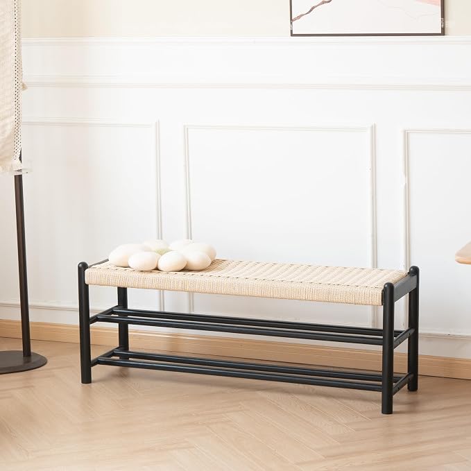 Solid Wood Entryway Bench with Shoe Storage, Rustic Oak Wood and Woven Design 45 Inch Long Seating for Living and Dining Rooms, 3-Tier Black by XINNANFURNITURE