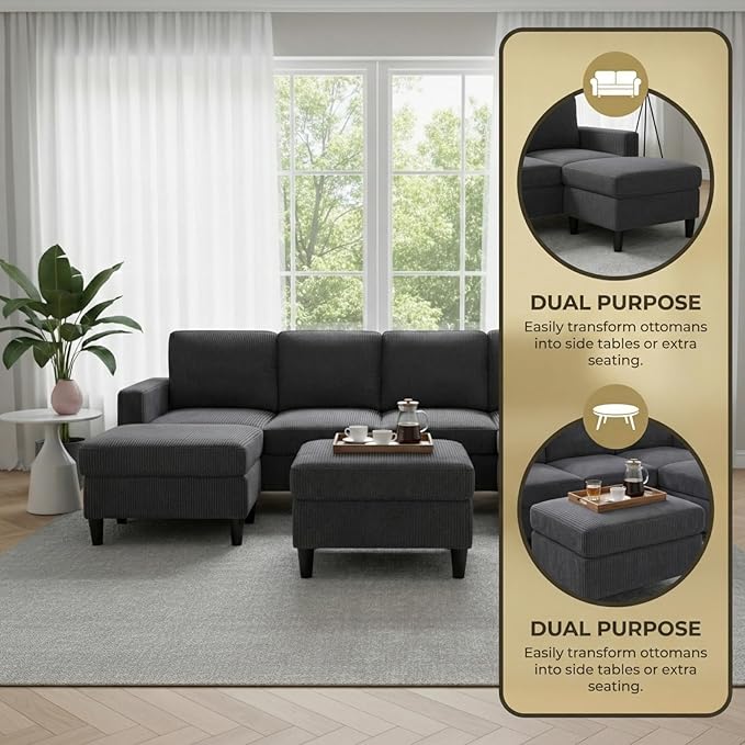 101" L-Shape Modular Sectional Couch, Convertible Corduroy Couch with 2 Ottomans, Modern 4 Seater Upholstered Modular Sectional Sofa for Apartment, Living Room, Dark Gray