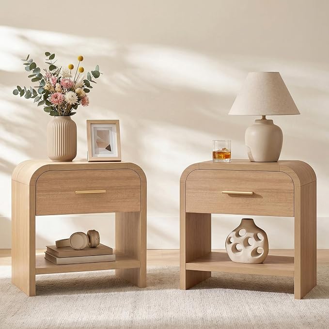 Night Stand Set of 2 [Unique Curved Profile] [FSC-Certified Wooden Board] 1-Drawer and 1 Storage Shelf Nightstand 24" H Metal Handle Modern Bedside Table Side Table End Table for Bedroom by TheBeautyofRusticRefined