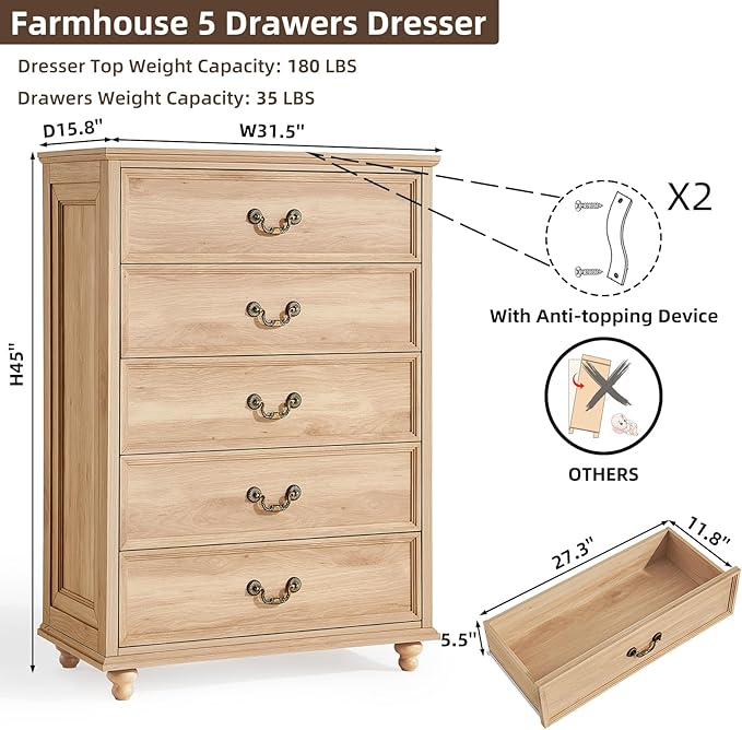 Joaxswe 24" Wide Farmhouse Nightstand with Charging Station Set of 2, 54" 7 Drawers Dresser, 45" Tall Rustic Chests of 5 Drawers, Farmhouse Furniture Series for Bedroom,Wood