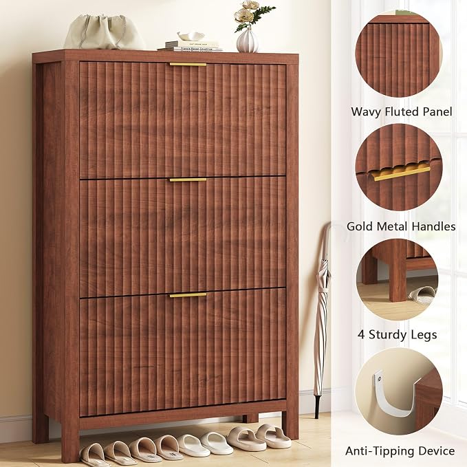 YOMILUVE Shoe Cabinet Storage for Entryway, Fluted Shoe Cabinet with 3 Flip Drawers, Hidden Shoe Rack Tall Freestanding Shoe Organizer with Legs for Hallway, Walnut - Image 6