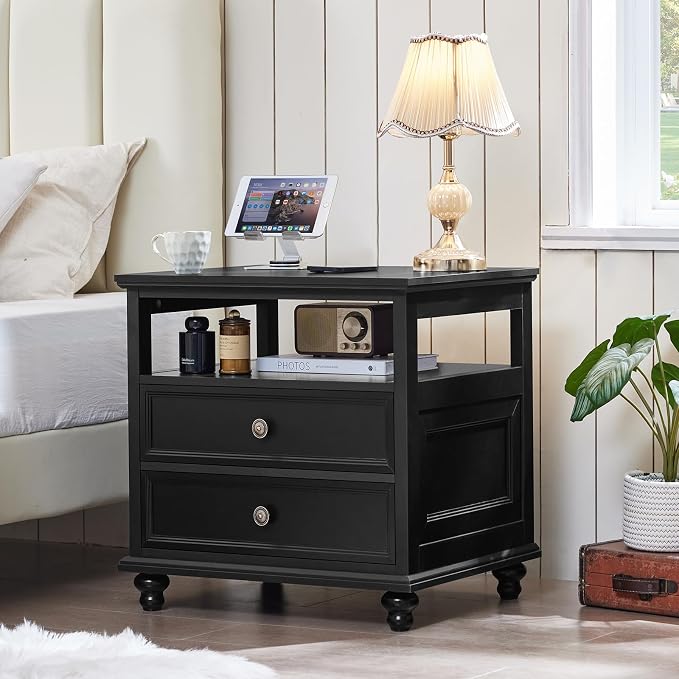 Joaxswe 24" Wide Farmhouse Night Stand Set of 2,Large End Table with 2 Drawers & Metal Handle,Black Wood Dresser for Bedroom, Bed Side Table Chest of Drawers Cabinet, Nightstand for Living Room,Closet - Image 4