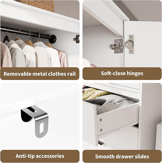 GarveeHome Armoire Wardrobe Closet, 69.5 in Wooden Wardrobe Cabinet with 3 Drawers, Hanging Rod, 2 Doors Clothing Storage Cabinet for Bedroom, Large Capacity Storage, Rattan Door, White