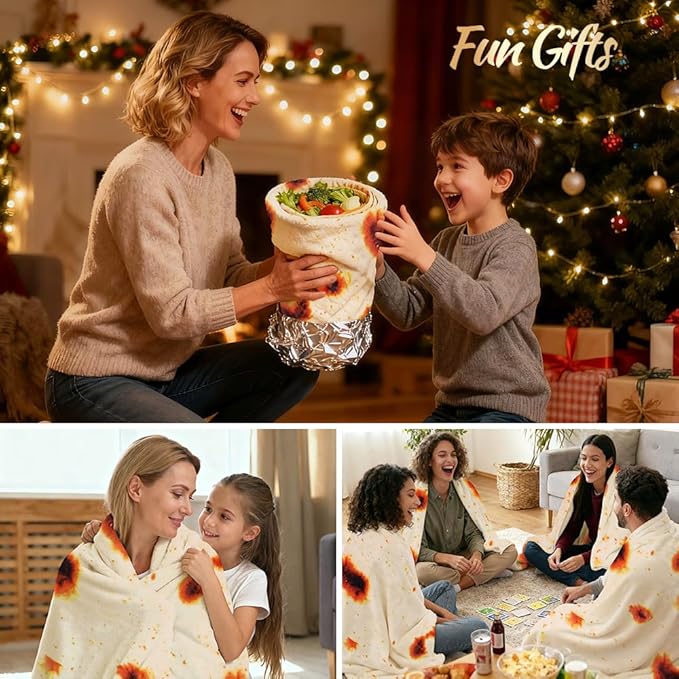 LetsFunny Burrito Tortilla Throw Blanket for Couch, Double Sided Burrito Taco Tortilla Wrap Blankets, Funny Realistic Flannel Food Round Blankets, Christmas Birthday Gifts for Women Men Teen 47in