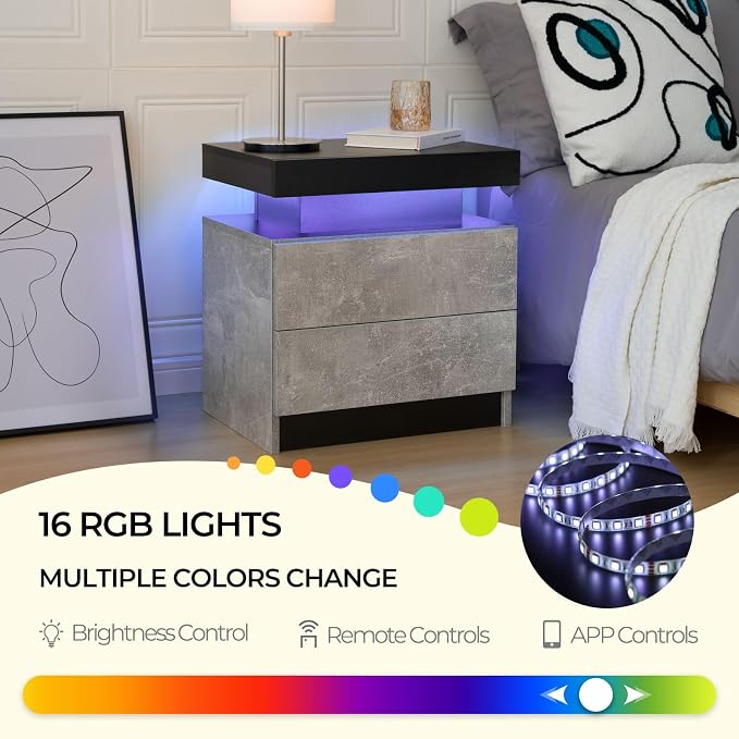 Bingoday Nightstand Set of 2 LED Nightstand with 2 Drawers, Bedside Table with Drawers for Bedroom Furniture, Side Bed Table with LED Light - Image 7