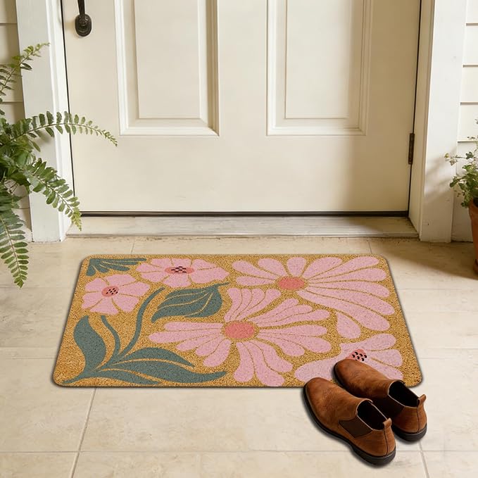 70s Retro Groovy Boho Pink Floral Faux Coir Door Mat Doormat for Front Door Indoor Outdoor Porch Entrance Entryway Outside Inside, Mid Century Modern Boho Flower Welcome Mat, 17x30 Inches - Image 7