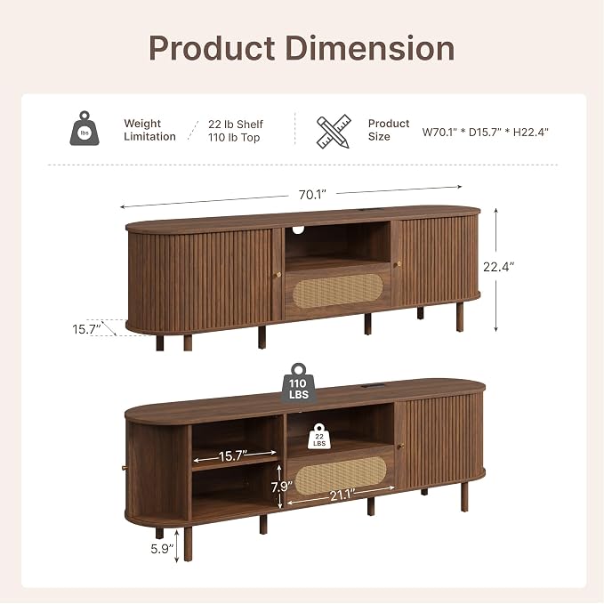 70'' Tambour TV Stand with Power Outlet for TVs up to 80 in,Mid-Century Modern TV Entertainment with 3 Cable Management Holes,Rattan Drawer & Fluted Sliding Doors,Media Console with Solid Wood Legs - Image 2