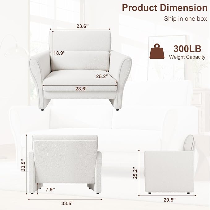 GarveeHome Modern Accent Chair, Boucle Upholstered Armchair for Living Room, Mid-Century Lounge Chair, Comfy Single Sofa for Bedroom, Office, Ivory