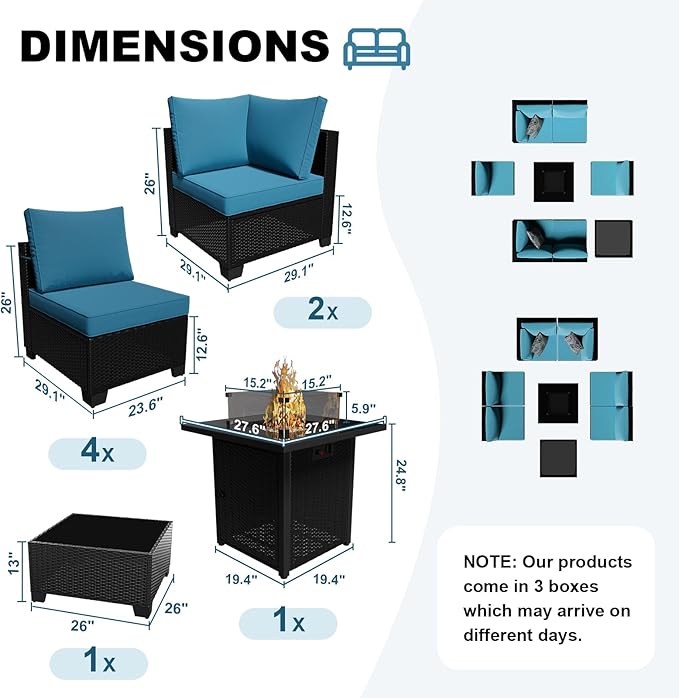 8 Piece Outdoor Patio Conversation Furniture Sets Sectional Wicker Set with 28in Fire Pit Table, 50000 BTU Propane Firepit for Garden Lawn Pool or Backyard, Coffee and Peacock Blue