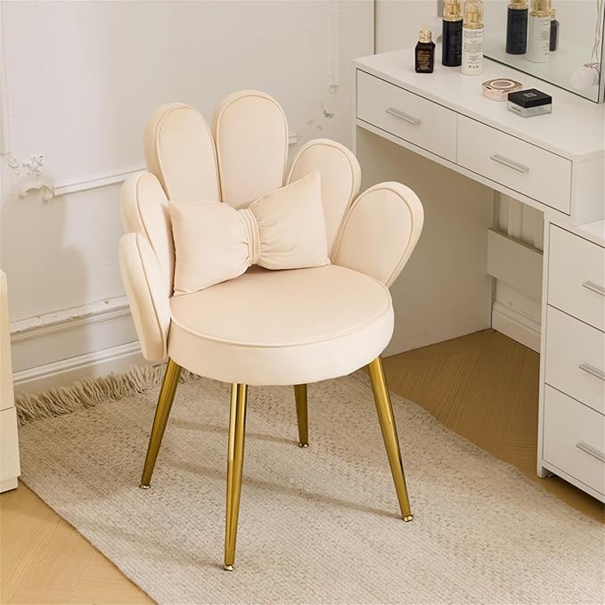 VINGLI Petal Makeup Vanity Chair with Back,Flower Cute Girls Desk Chair Comfy No Wheels,Modern Dining Chair,Small Accent Chair with Adustable Gold Legs&Bow Pillow for Home Office,Bedroom,Velvet,Beige