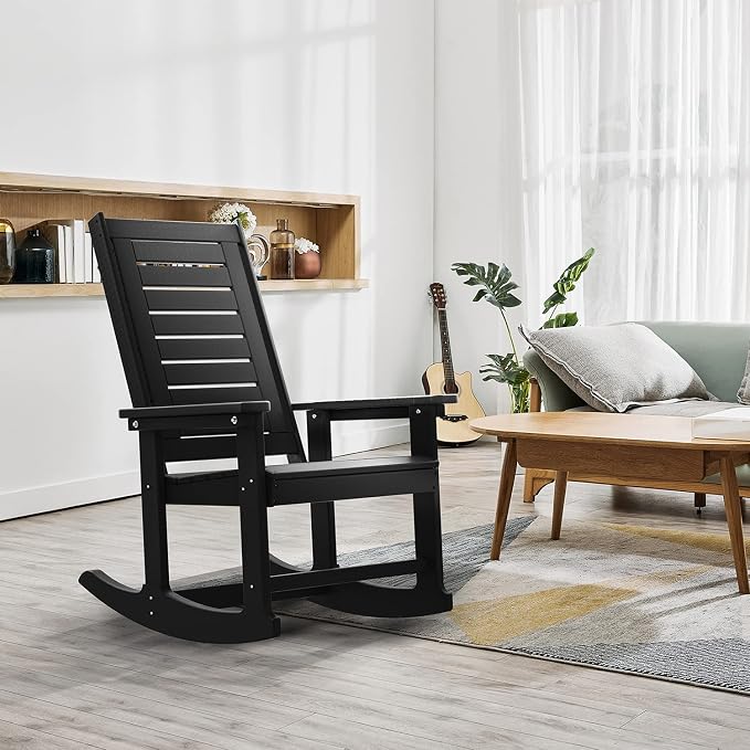GREENVINES Outdoor Rocking Chairs | Set of 2 | Porch Rocker | HDPE Plastic | Black | Oversized Rockers | High Back | Big & Tall | Ladder Back | for Patio Outside Backyard Balcony - Image 2