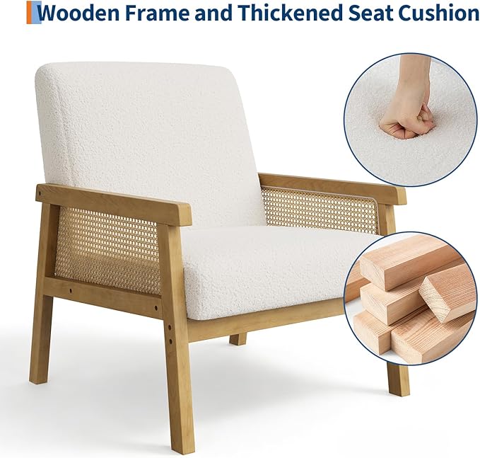 IDEALHOUSE Rattan Accent Chair, Boucle Armchair, Upholstered Reading Chair with Wooden Frame and High Back, Leisure Chairs for Living Room Bedroom Waiting Room Reception, White