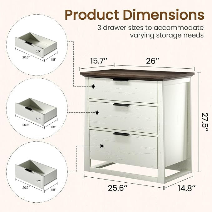 Rresyet 26 inch Wide Night Stand with Spacious Storage Set, 3 Drawer Nightstand Set of 2,Wooden Side Table for Bedroom & Office (White) - Image 2