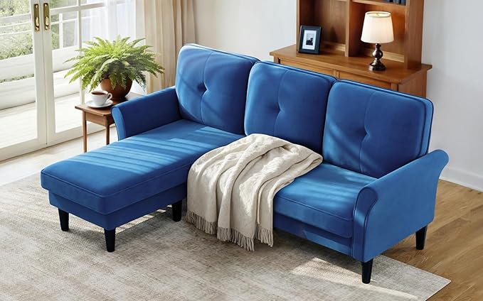 Sectional Couches for Living Room, 83" Velvet Modern 3 Seater Sofa, L Shaped Couch with Ottoman, Small Sectional Couch Sofas for Living Room, Bedroom, Apartment, Office, Blue Sofa