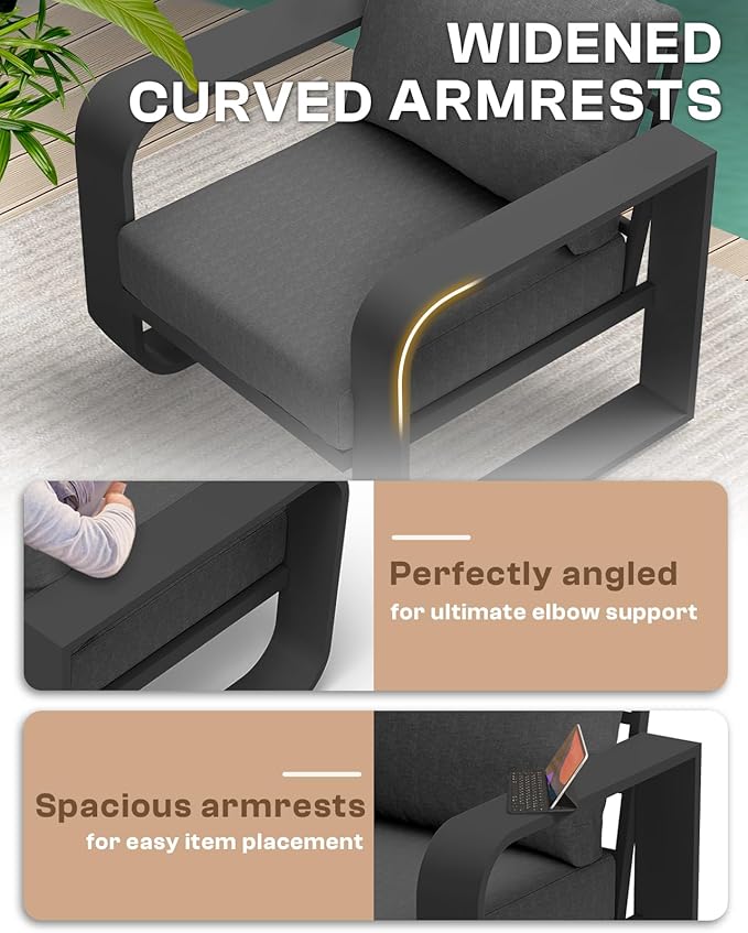 Aluminum Outdoor Sofa Bistro Set, Oversized Patio Conversation Sets Widened Armrest & Ultra-Thick Cushions, Deep Seating Patio Furniture Set for Backyard, Porch, Graphite
