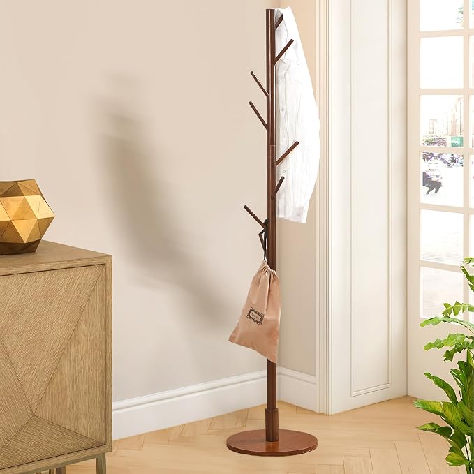 VECELO Coat Rack Freestanding, Entryway Hanger Stand, Umbrella Holder, Hall Tree With Hooks, Floor Standing Metal Tree Stand,Walnut - Image 3