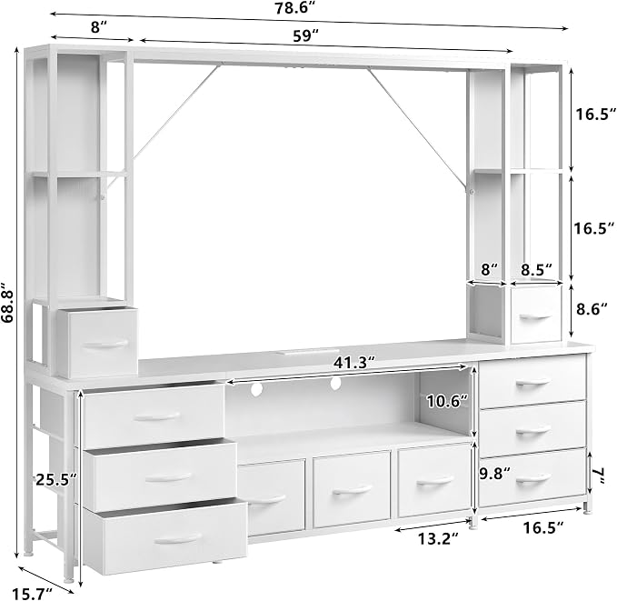 EnHomee 78.6" TV Stand for Living Room, Large Entertainment Center with 11 Fabric Drawers, 2 LED Lights & Power Outlets, Modern Dresser with Storage Shelves, Wall Unit for Bedroom, White - Image 2