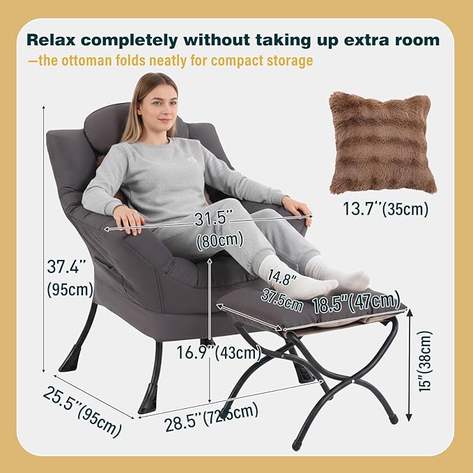 Lazy Chair with Ottoman, Large Accent Chair with Ottoman and a Throw Pillow, Shadow Grey Reading Chair for Living Room Bedroom Dorm Room Office Apartment Relaxing Use