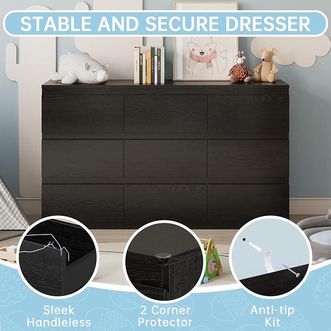 OtterOasis Black Wood Dresser for Bedroom, 9 Drawer Dressers for Clothes Storage, Modern Dresser with Wide Drawers, Wide Wooden Chest Drawers for Living Room, Entryway, TV Stand - Image 5