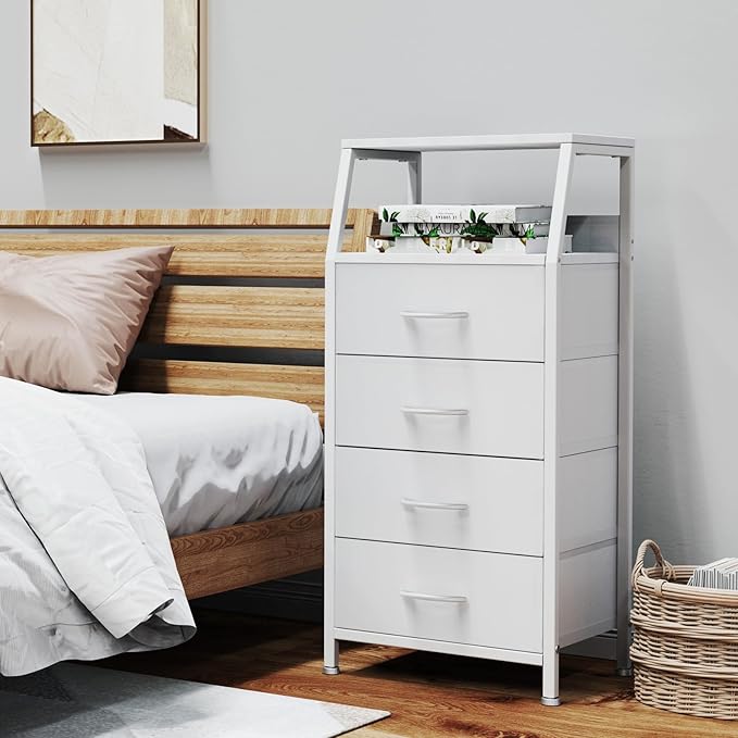 White Dresser for Bedroom, Storage Organizer with 4 Drawers, Vertical Fabric Storage Stand, Nightstand Bedside Table, Sturdy Steel Frame & Wooden Top - Image 5