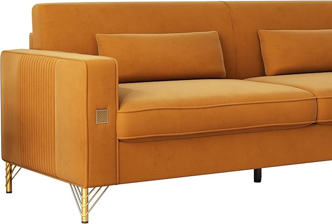 KEIKI 86" Oversized Luxury Velvet Sofa with Armrest and Removable Plush Cushions, Modern Style Gold Accents 3-Seater Couch with Solid Legs, Easy Assembly, for Living Room, Bedroom, Apartment, Orange