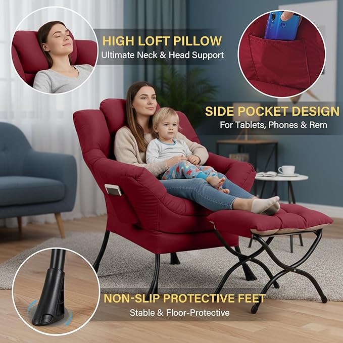 Lazy Chair and Ottoman, Large Burgundy Accent Chair with a Side Pocket, Modern Leisure Upholstered Reading Armchair with Footrest for Office, Bedroom, Living Room, Dorm Rooms, Balcony