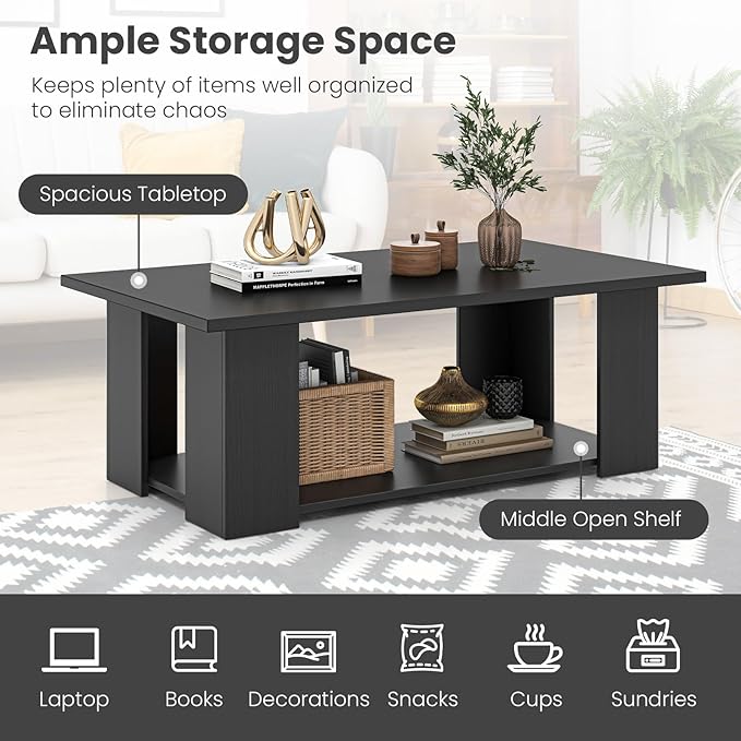 GOFLAME Coffee Table with Storage, Modern Center Table for Small Space, Accent Tea Tables for Living Room, Reception Room, Dining Room, Easy Assembly, Black