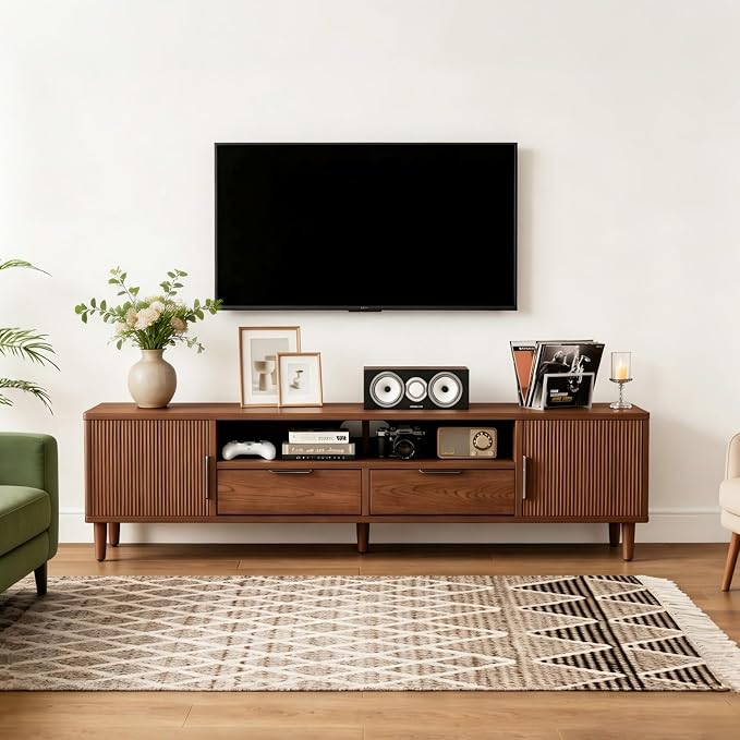 CycleCrew Mid Century Modern TV Stand for TVs Up to 70 in- Wooden Fluted Entertainment Center Low Profile TV Console with 2 Cabinet, Drawers and Shelf, Media Console for Living Room by Unknown